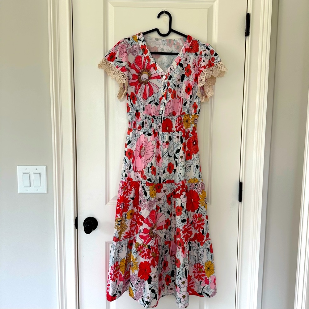 Bright floral maxi dress with lace trim